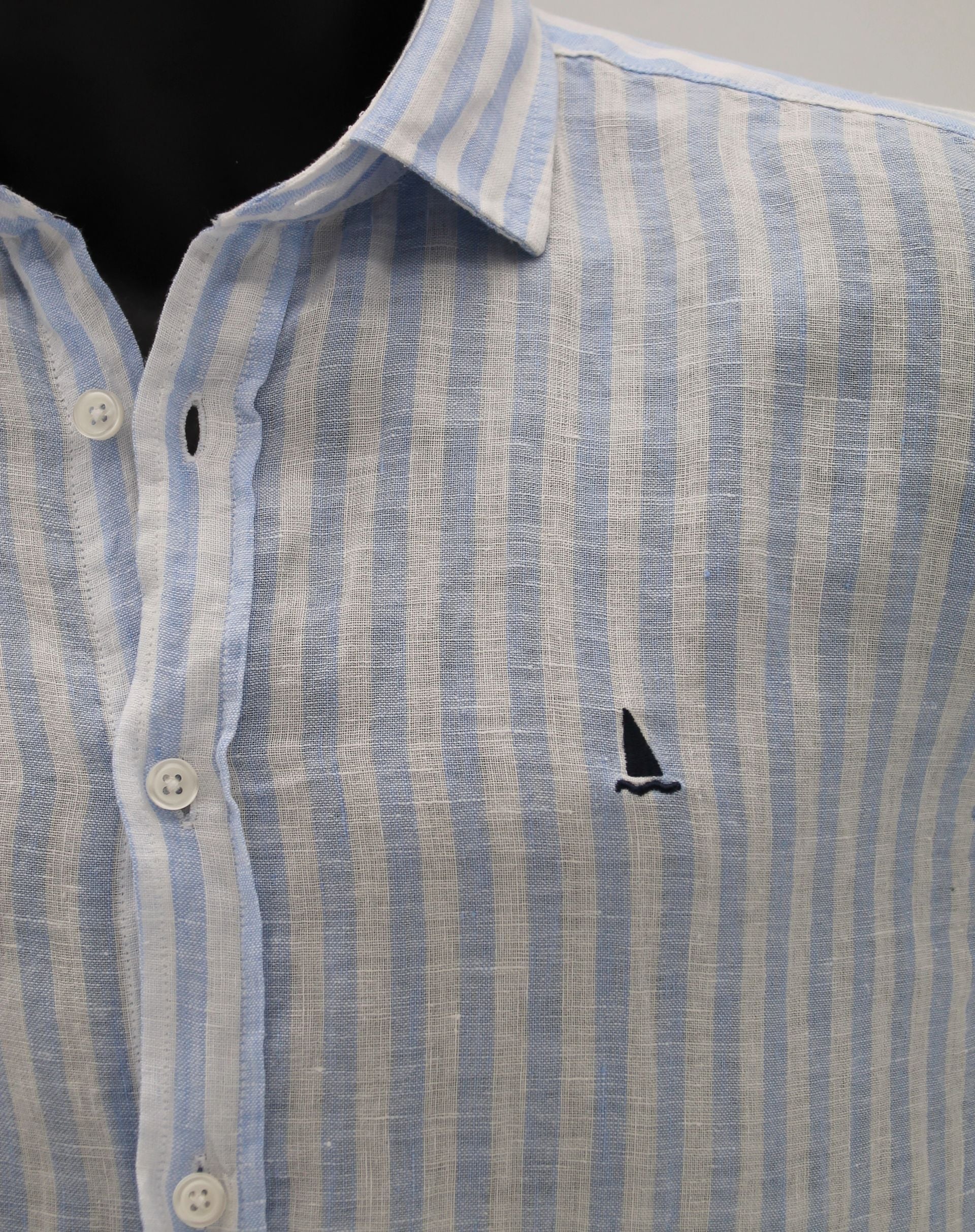 CAMISA LINO CON RAYAS ANCHAS AZULES Y BLANCAS