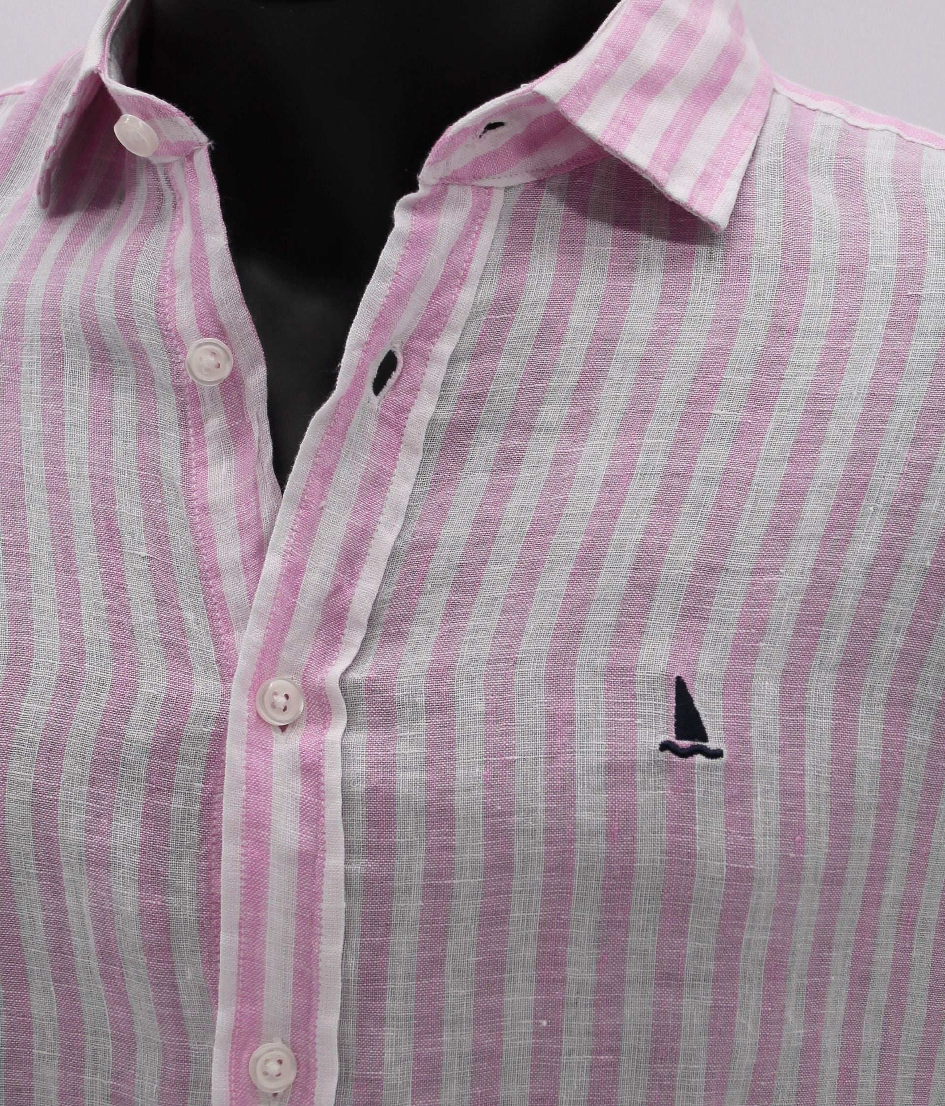 CAMISA LINO CON RAYAS ROSAS Y BLANCAS