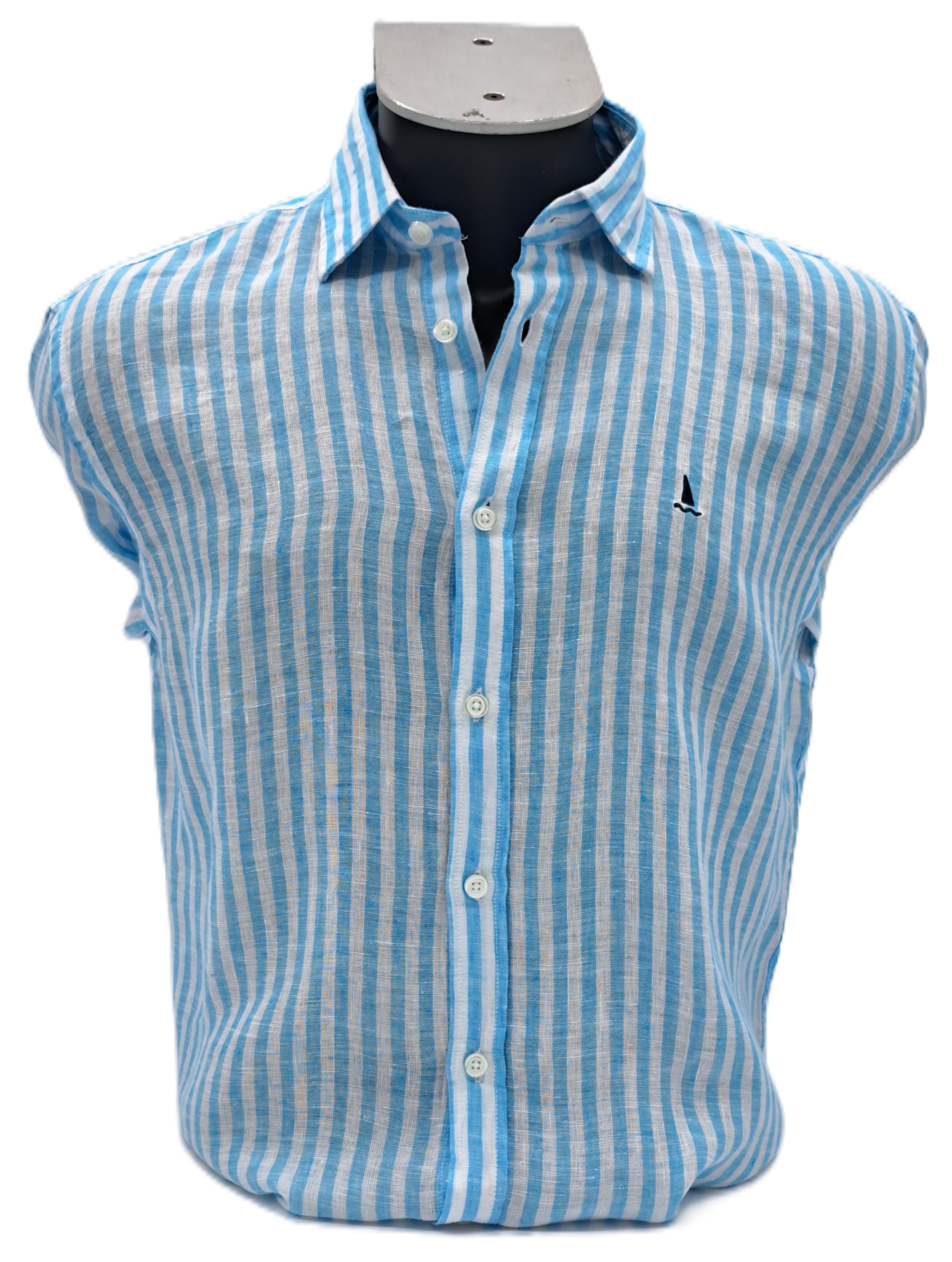 CAMISA LINO CON RAYAS AZUL TURQUESA Y BLANCAS