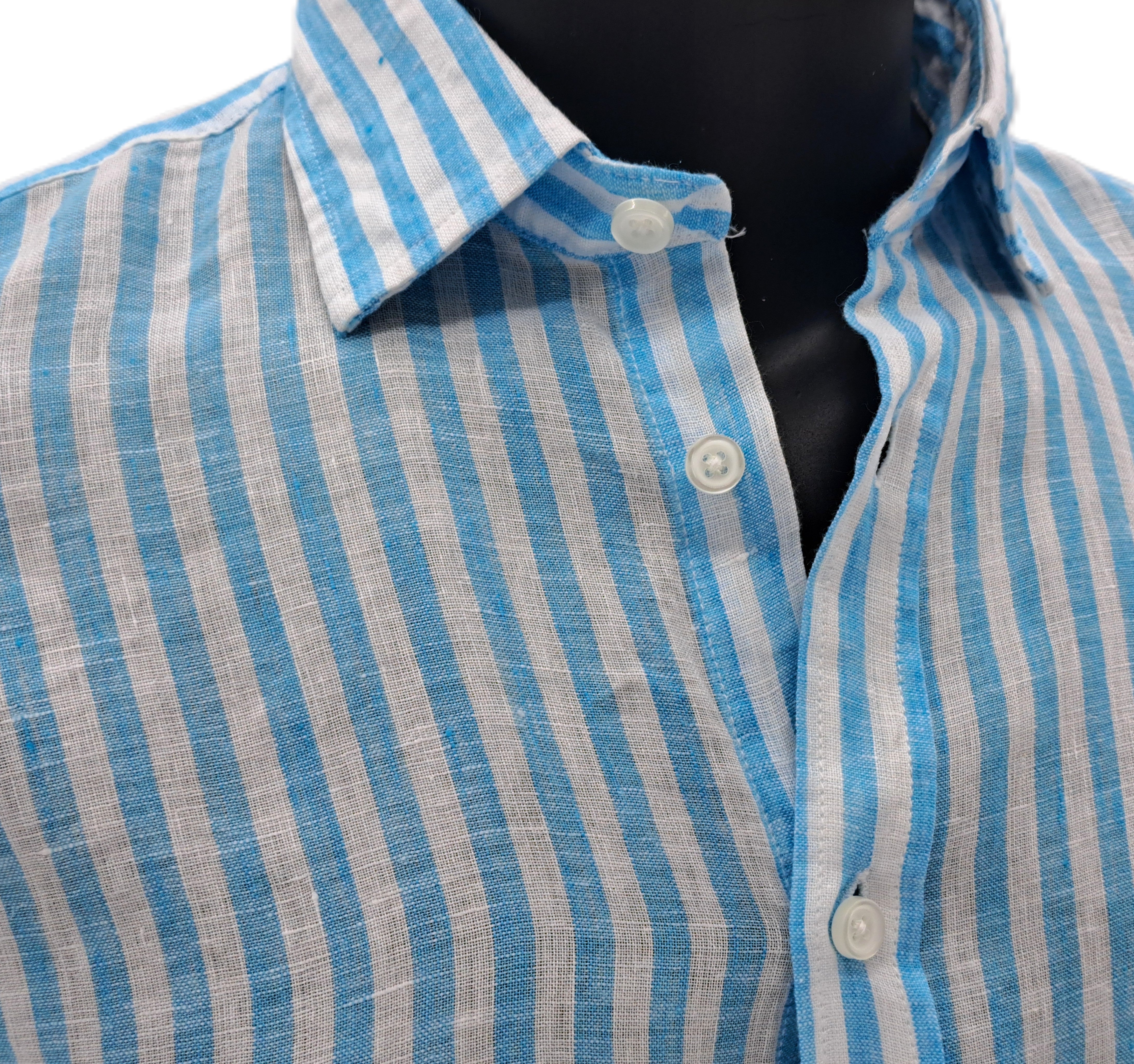 CAMISA LINO CON RAYAS AZUL TURQUESA Y BLANCAS