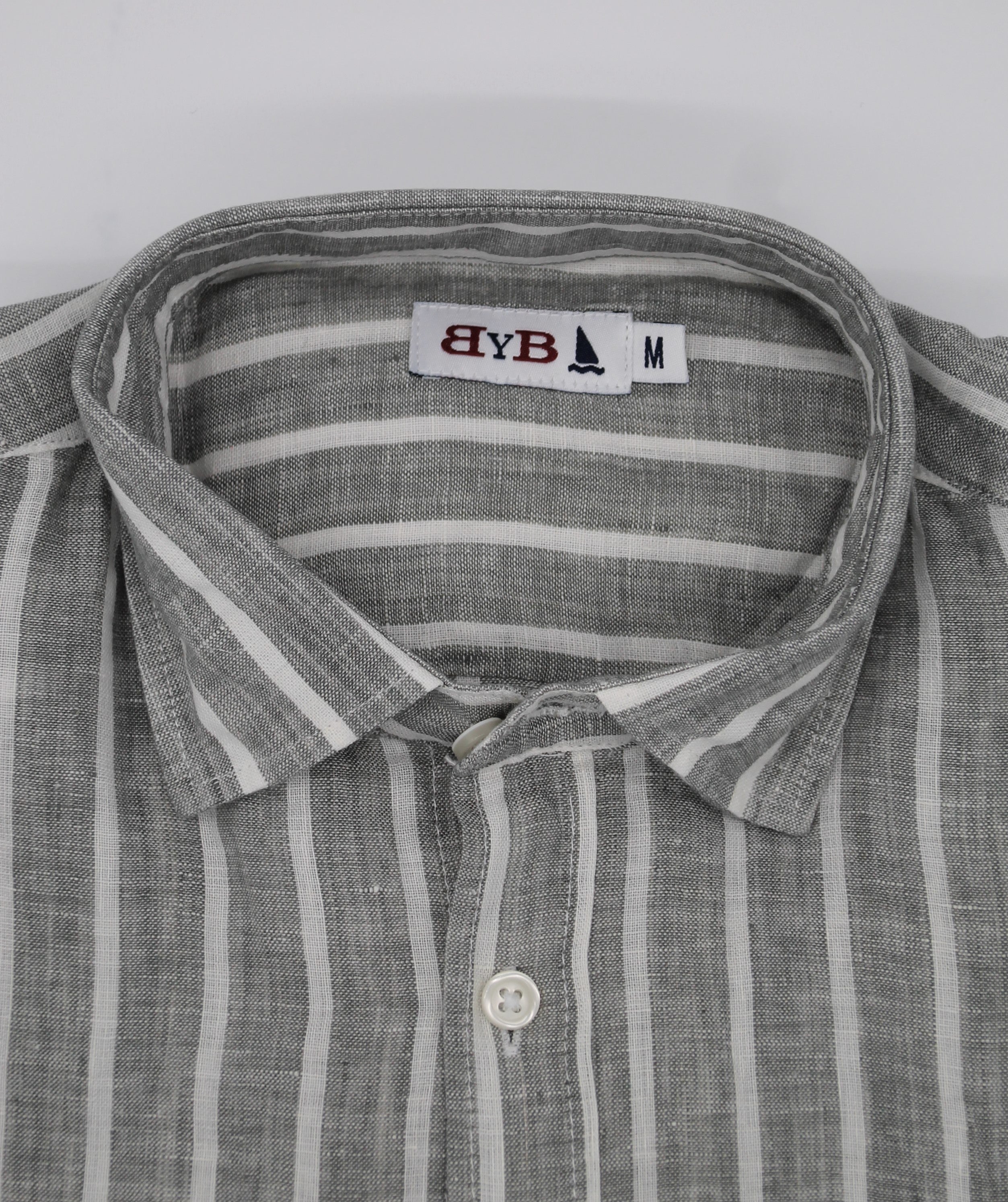 CAMISA LINO RAYAS ANCHAS GRIS VERDOSO