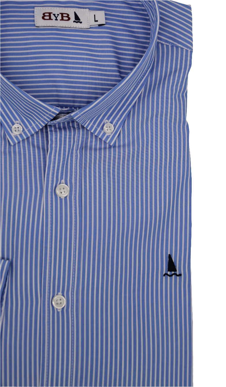 CAMISA AZULÓN RAYA FINA BLANCA / BOTONES EN EL CUELLO