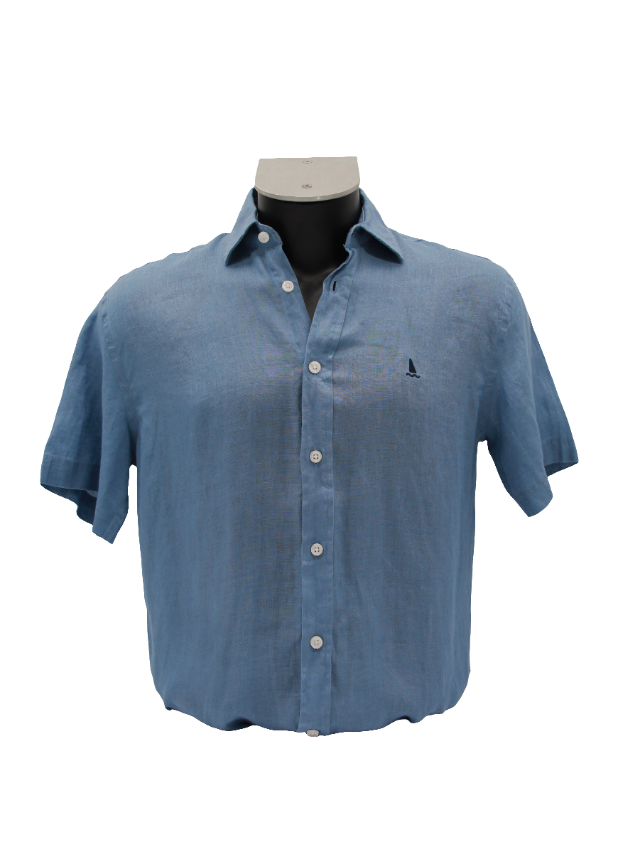 CAMISA LINO MANGA CORTA LISA DE COLOR AZUL ÍNDIGO
