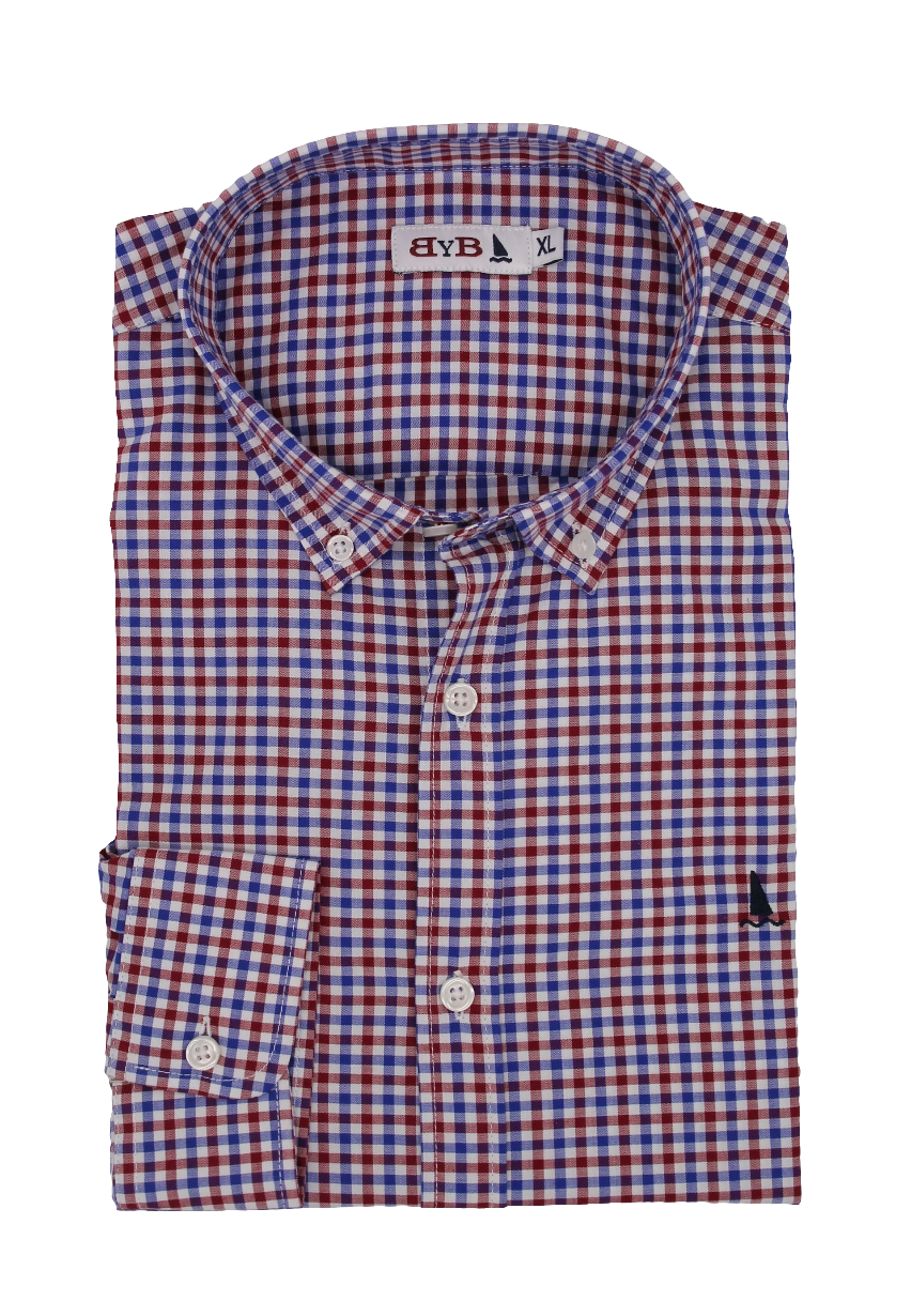 CAMISA CUADRO VICHY GRANATE, AZUL Y BLANCO / BOTONES EN EL CUELLO