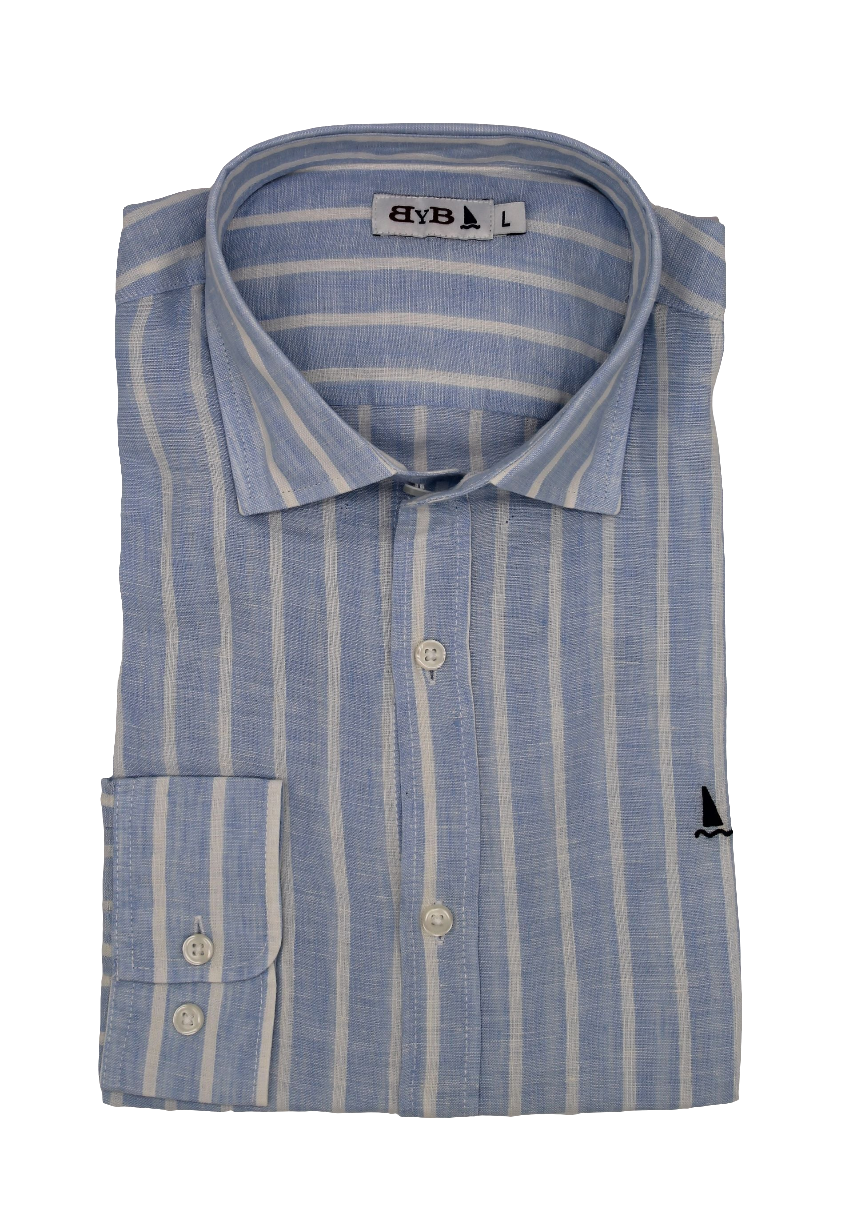 CAMISA LINO RAYAS ANCHAS AZUL CLARO