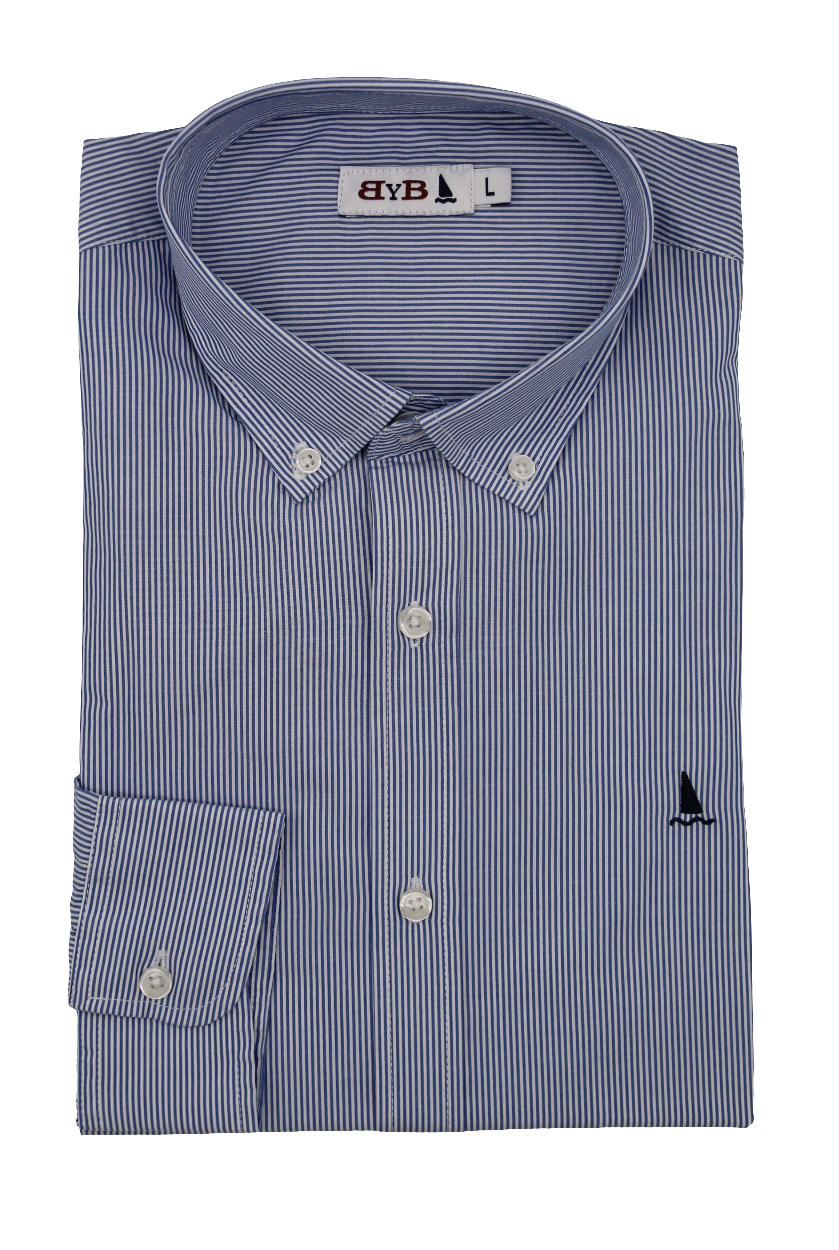 CAMISA RAYAS FINAS AZUL OSCURO Y BLANCA / BOTONES EN EL CUELLO