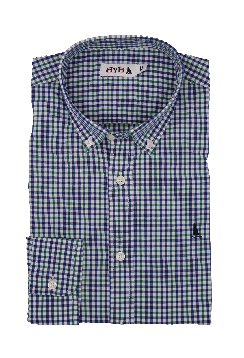 CAMISA CUADRO VICHY VERDE, AZUL Y BLANCO / BOTONES EN EL CUELLO