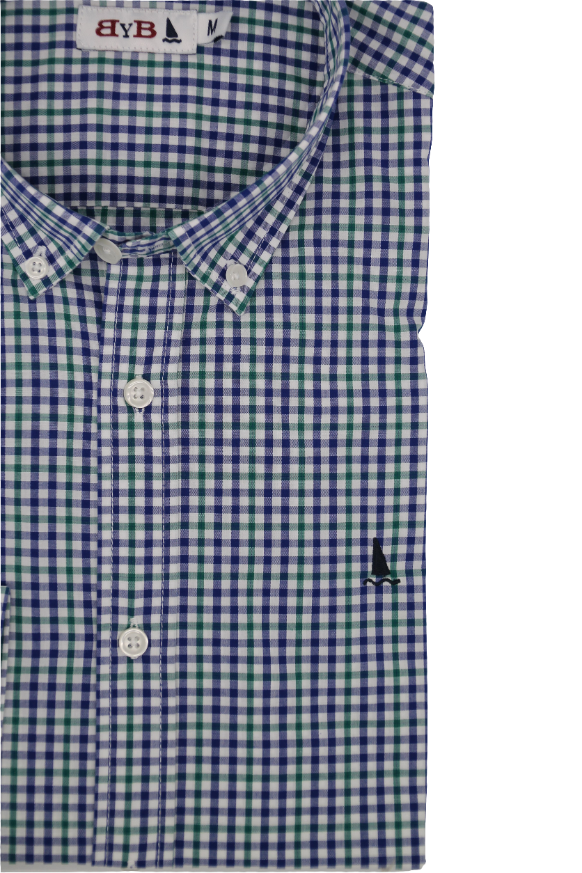 CAMISA CUADRO VICHY VERDE, AZUL Y BLANCO / BOTONES EN EL CUELLO