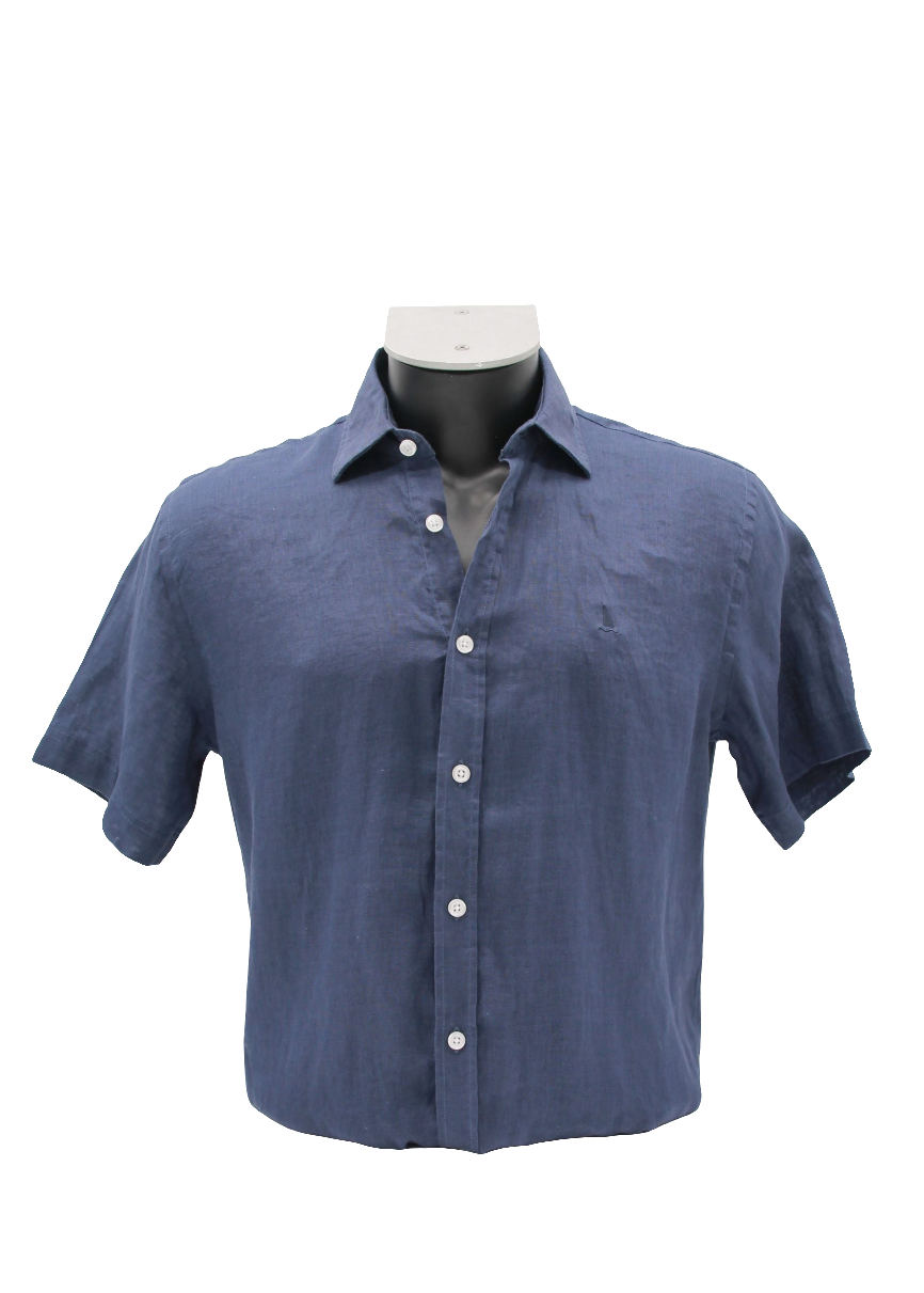 CAMISA LINO MANGA CORTA LISA DE COLOR AZUL MARINO