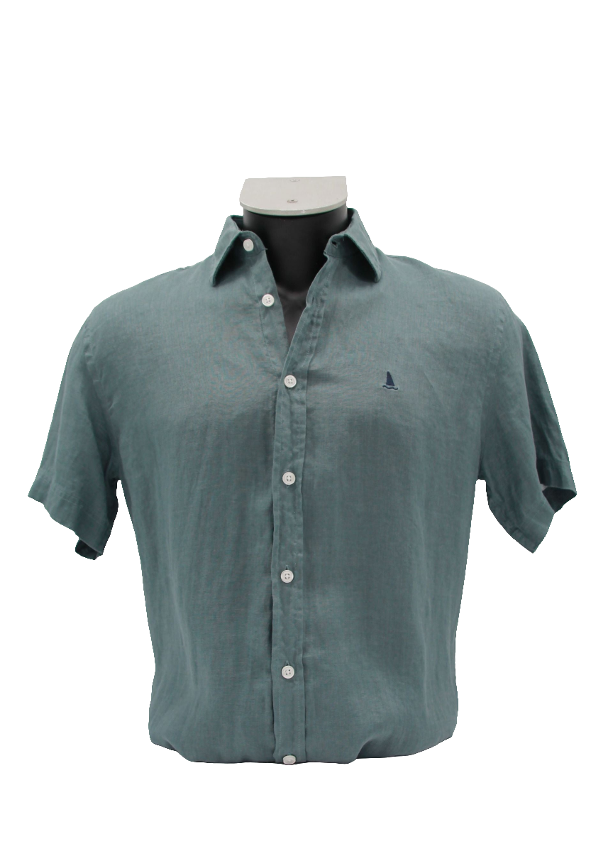 CAMISA LINO MANGA CORTA LISA DE COLOR VERDE GRISÁCEO