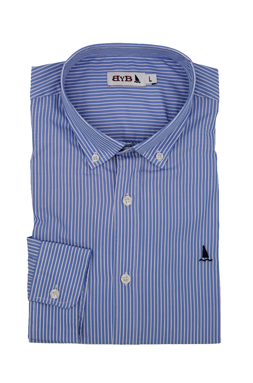 CAMISA AZULÓN RAYA FINA BLANCA / BOTONES EN EL CUELLO