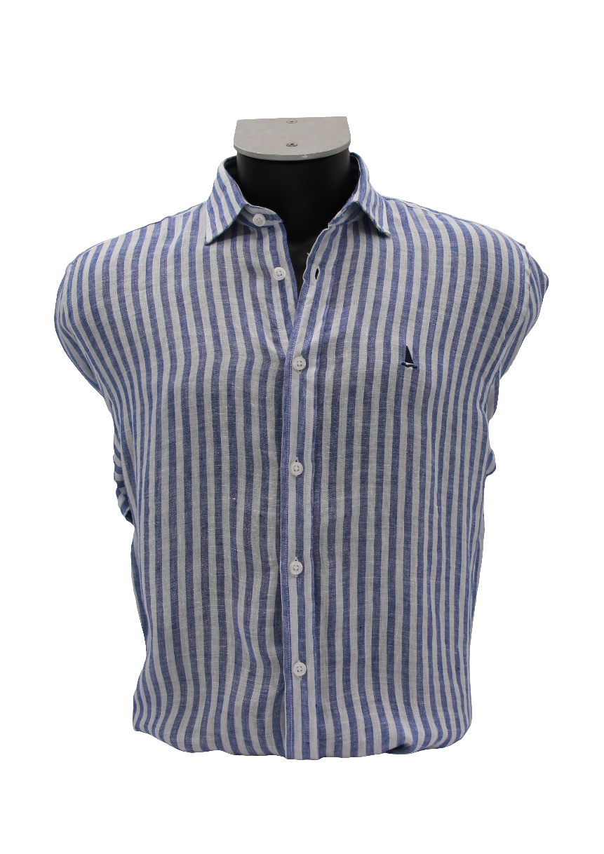 CAMISA LINO CON RAYAS ANCHAS AZULES OSCURAS Y BLANCAS
