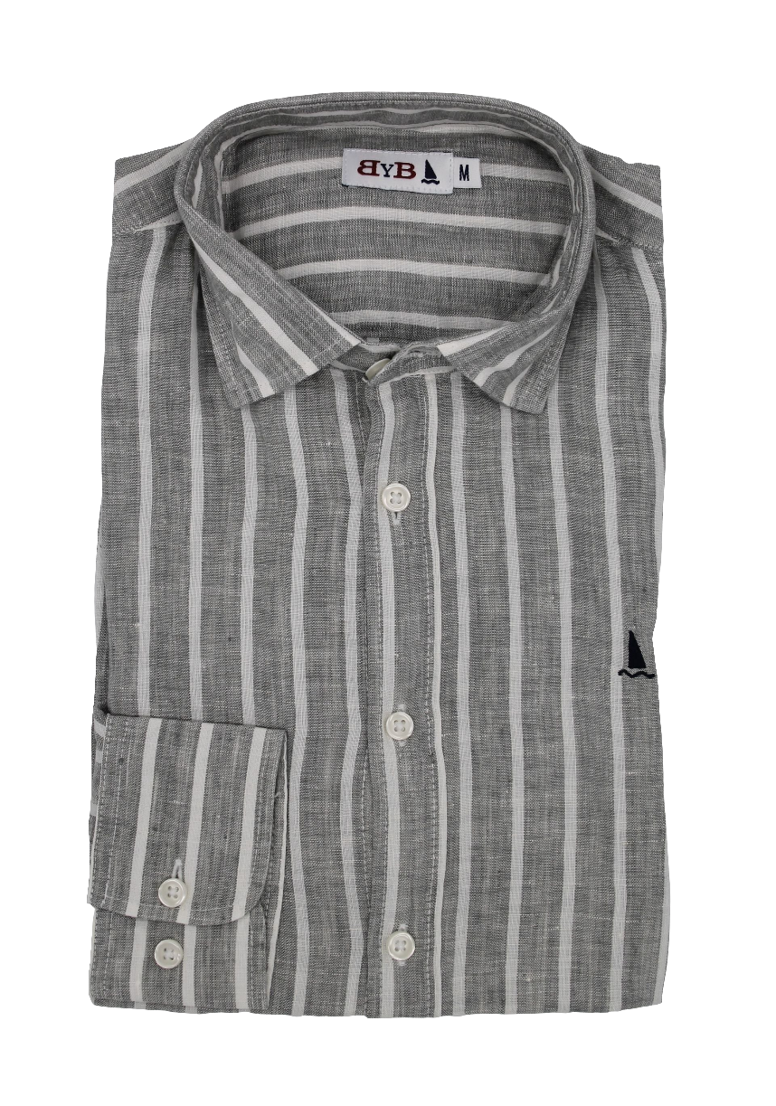 CAMISA LINO RAYAS ANCHAS GRIS VERDOSO
