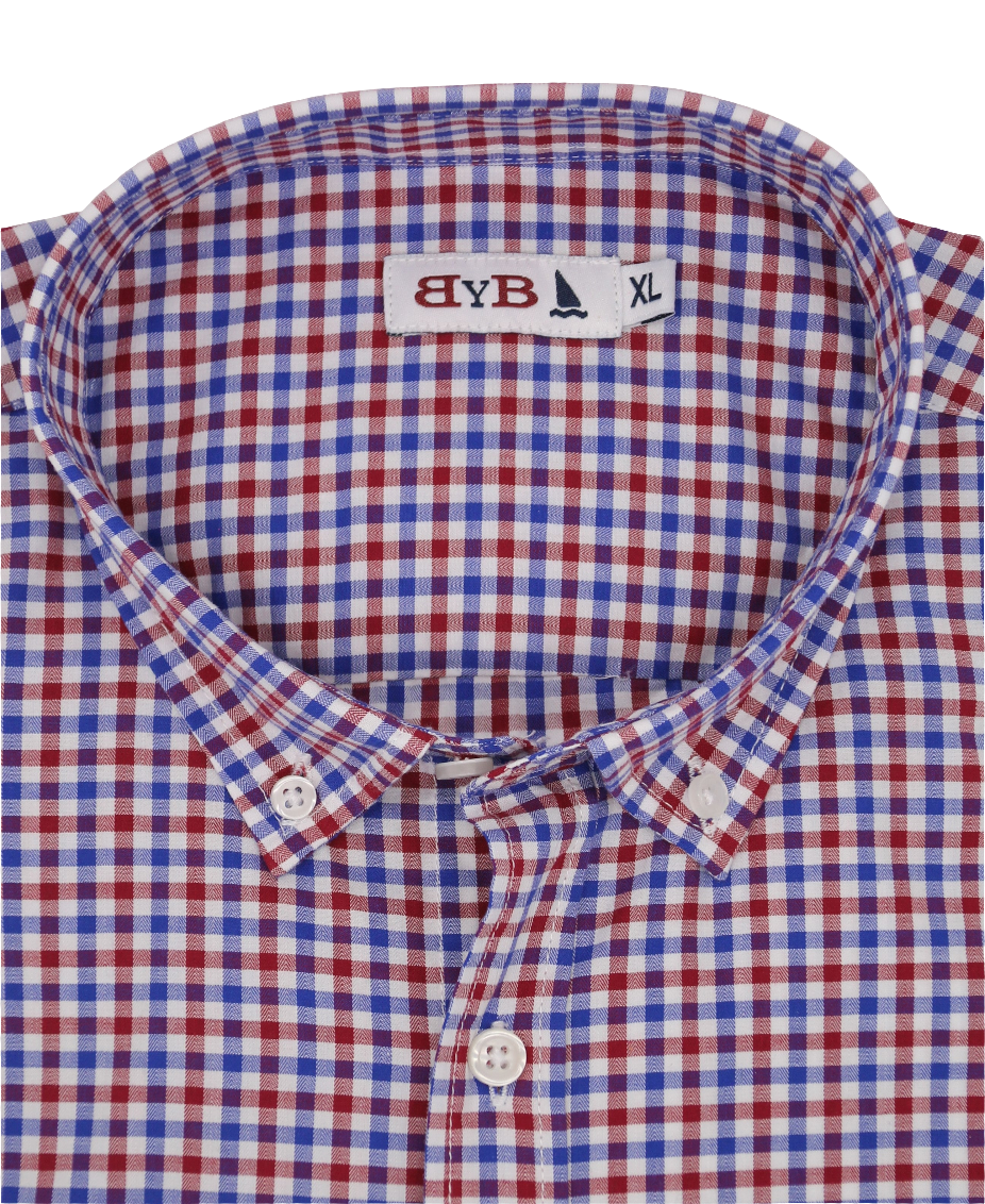 CAMISA CUADRO VICHY GRANATE, AZUL Y BLANCO / BOTONES EN EL CUELLO