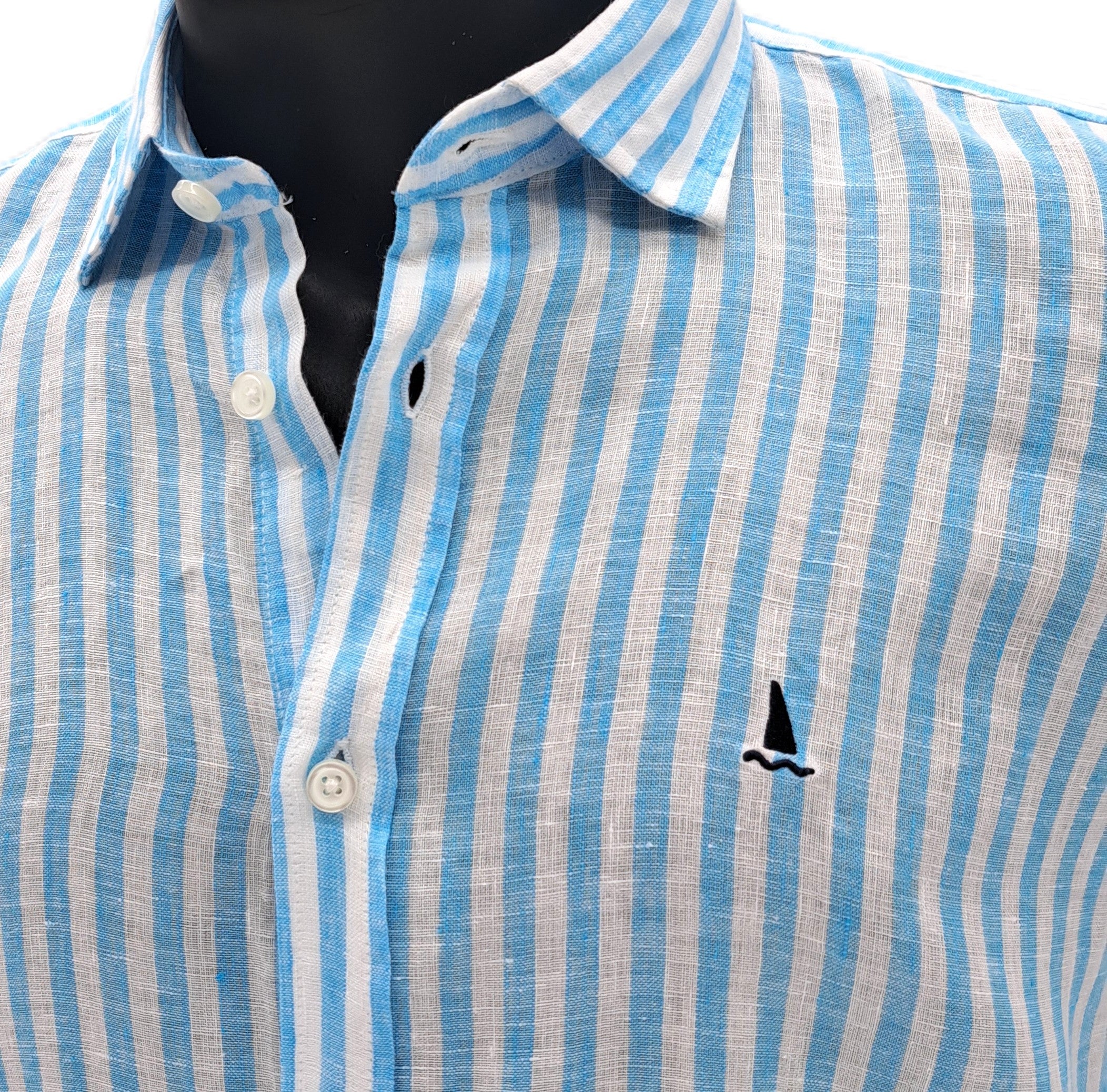 CAMISA LINO CON RAYAS AZUL TURQUESA Y BLANCAS